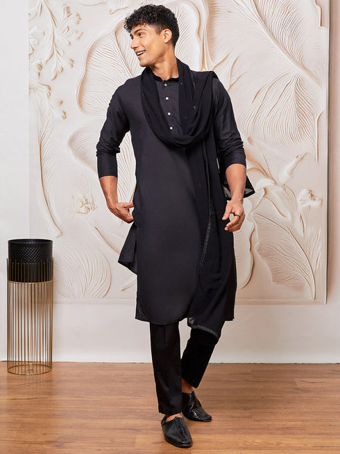 Men's Black Viscose Kurta, Pyjama And Dupatta Set.
